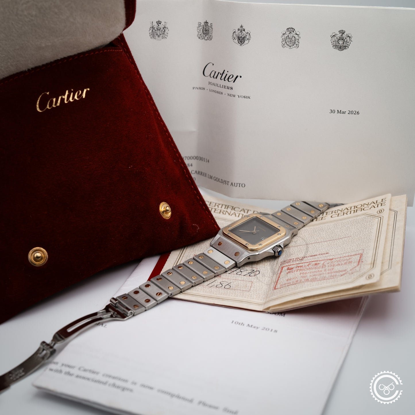 Cartier — Santos Carrée “Ghost Dial” — Ref. 2961 — 1986 — Watch & Papers (Harrods)