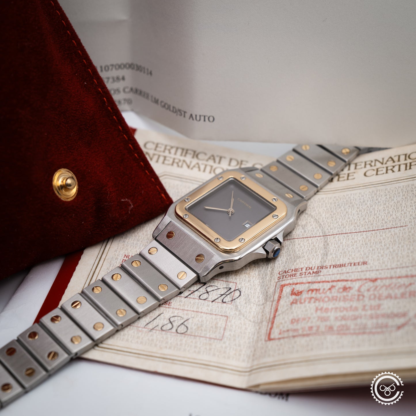 Cartier — Santos Carrée “Ghost Dial” — Ref. 2961 — 1986 — Watch & Papers (Harrods)